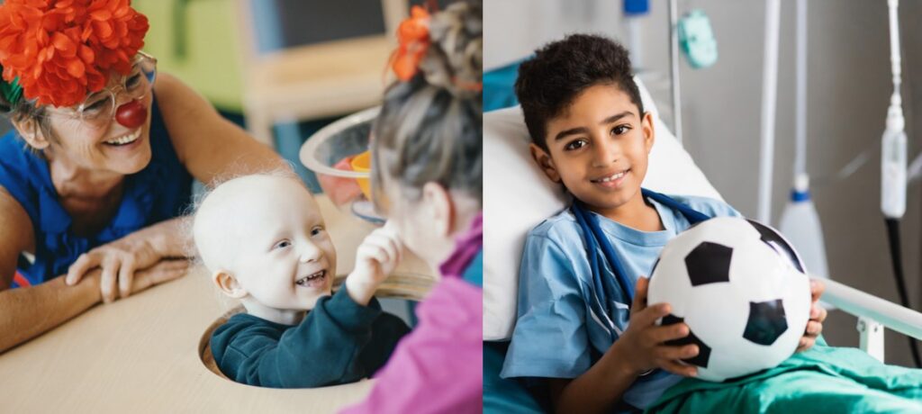 Collage: Clown mit roter Nase bringt ein krebskrankes Kind im Krankenhaus zum Lachen & lächelnder Junge hält im Krankenhausbett einen Fußball in den Händen.